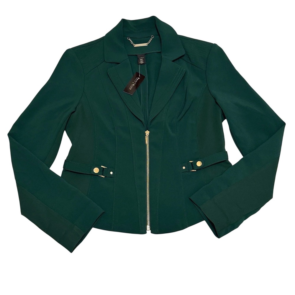 White House Black Market Bottle Green Moto Jacket Gold Zip 570147290 Size 10 NWT